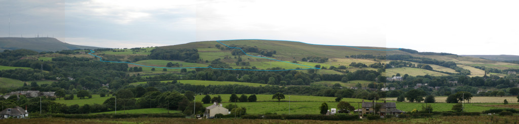 View from lower Affetside of the east side of Turton Heights and route.